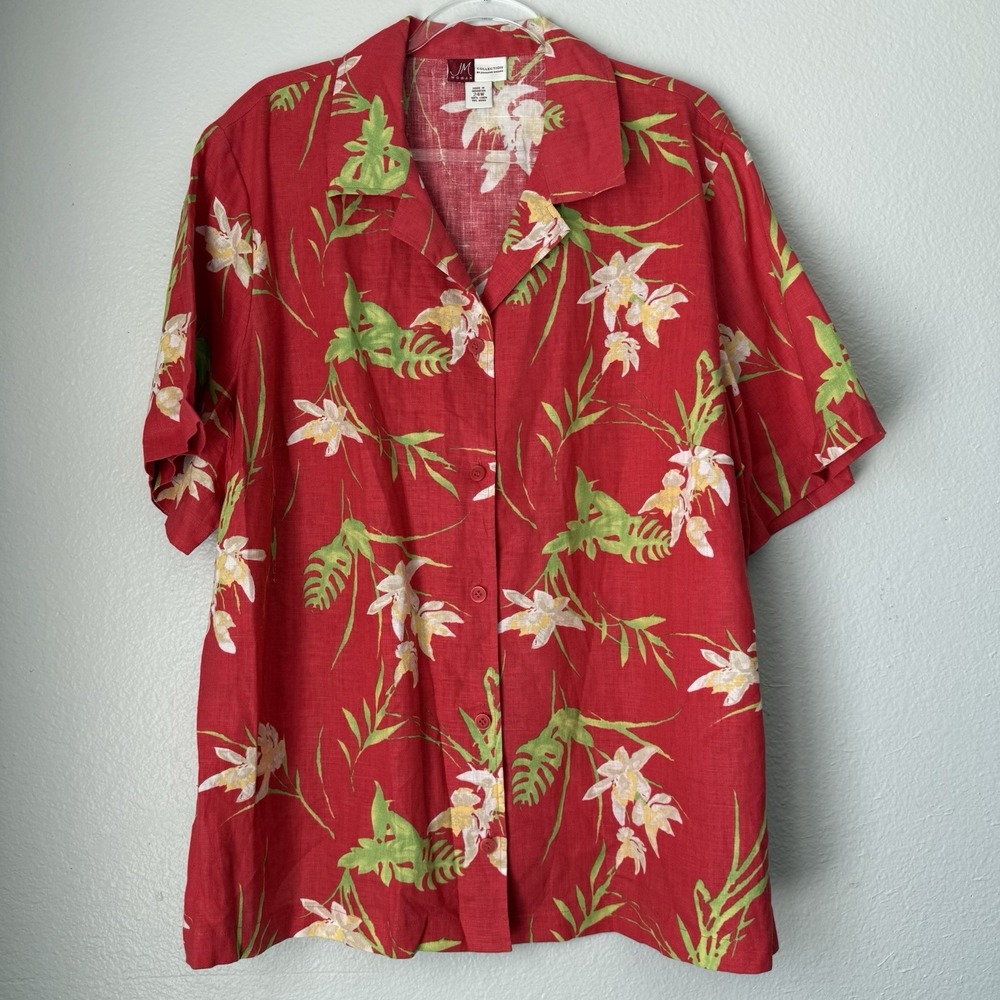 JM Collection Womens 100% Linen Short Sleeve Button Up Floral Tropical Hawaiian